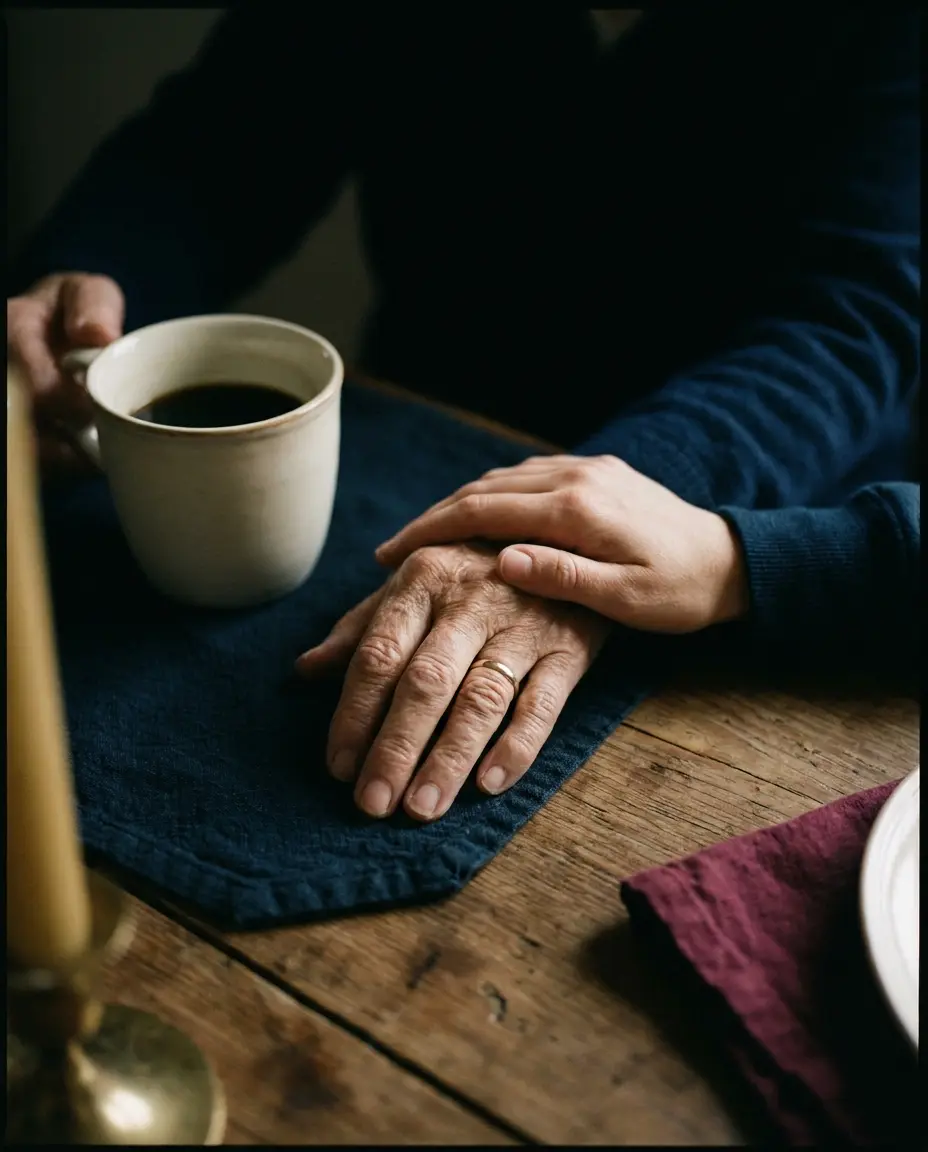 De hand van een dochter op de hand van haar moeder