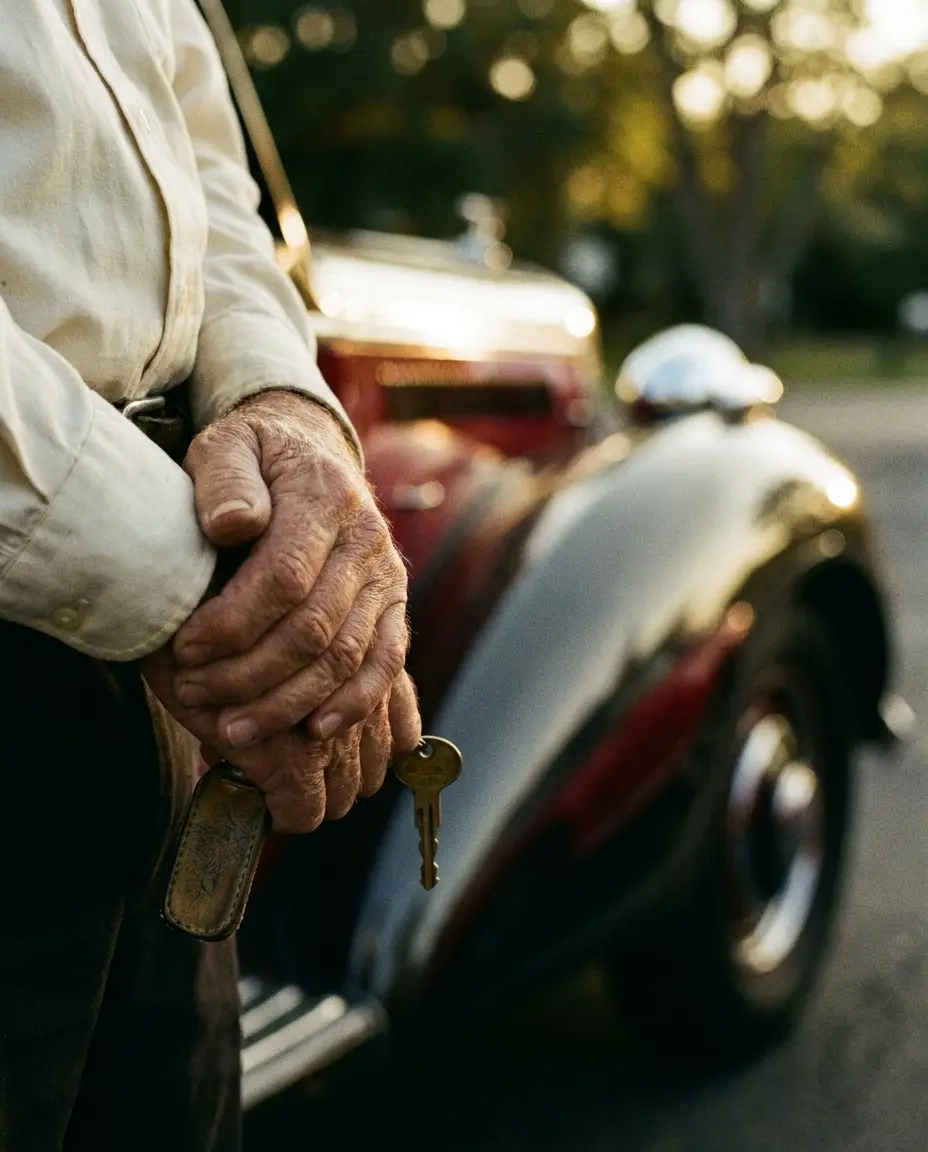 Een oudere man met de sleutel van een klassieke auto