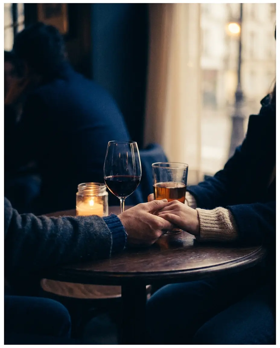 Twee handen verstrengeld over een cafétafel