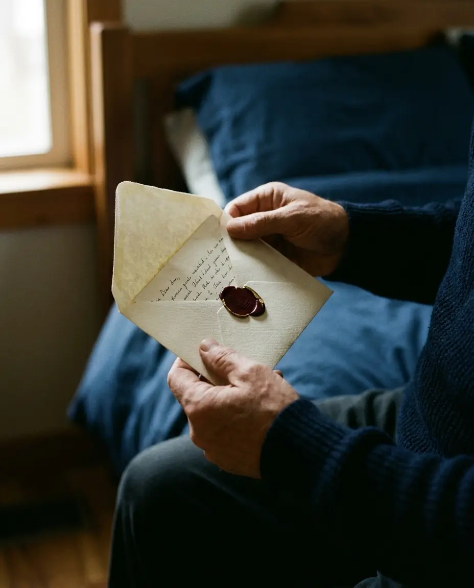 Handen met een geopende envelop en een handgeschreven kaart
