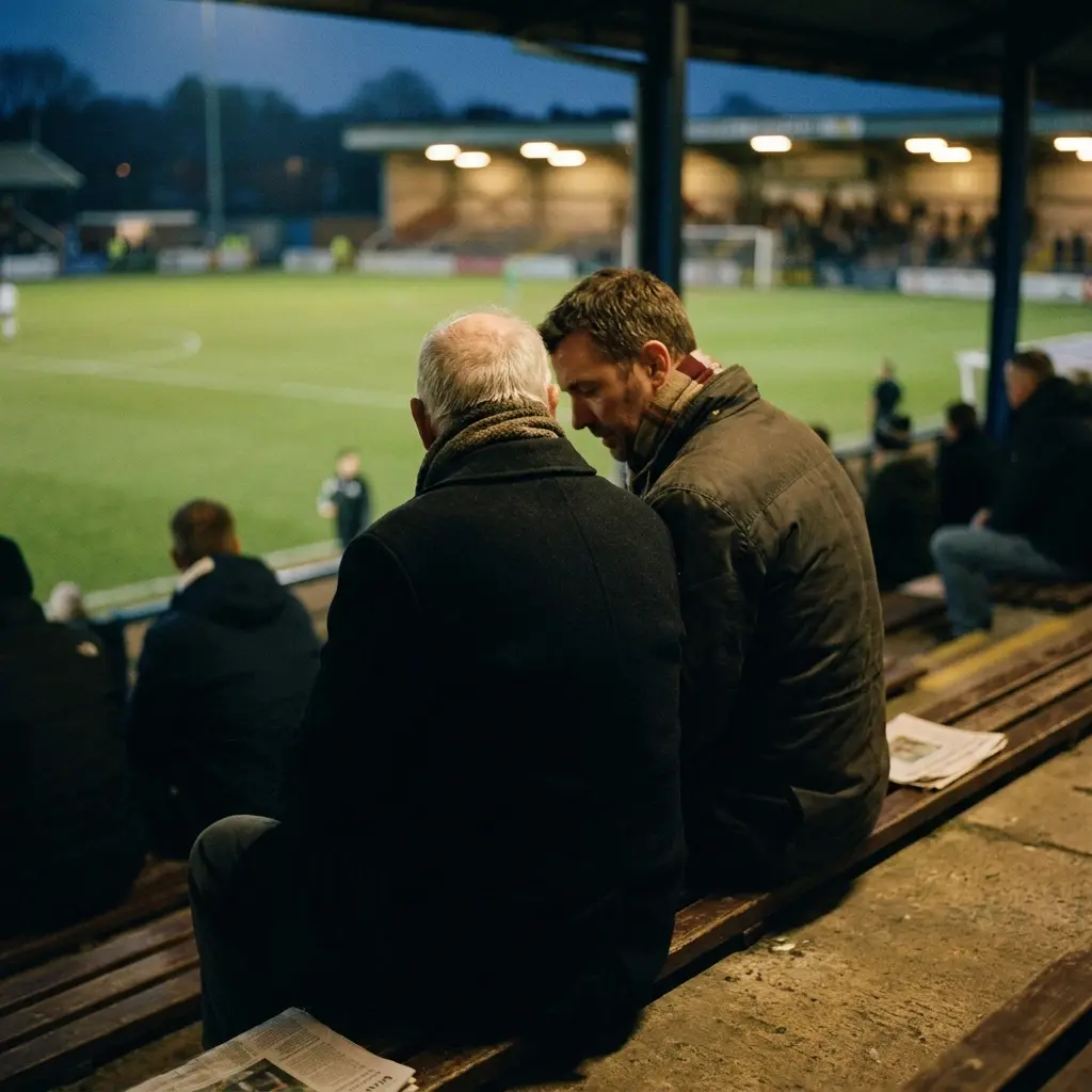 Een vader en zijn volwassen zoon van achteren in een voetbalstadion